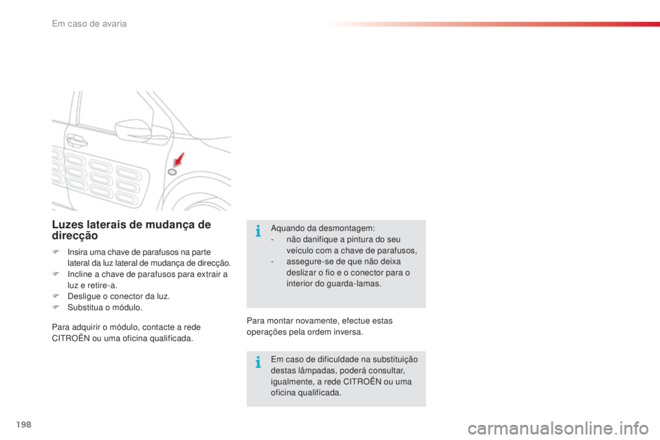 CITROEN C4 CACTUS 2016 Manual do condutor (in Portuguese) 198
C4-cactus_pt_Chap08_En-cas-de-panne_ed01-2015
Luzes laterais de mudança de
direcção
F Insira uma chave de parafusos na parte lateral da luz lateral de mudança de direcção.
F
I
ncline a c CITROEN C4 CACTUS 2016 Manual do condutor (in Portuguese) 198
C4-cactus_pt_Chap08_En-cas-de-panne_ed01-2015
Luzes laterais de mudança de
direcção
F Insira uma chave de parafusos na parte lateral da luz lateral de mudança de direcção.
F
I
ncline a c