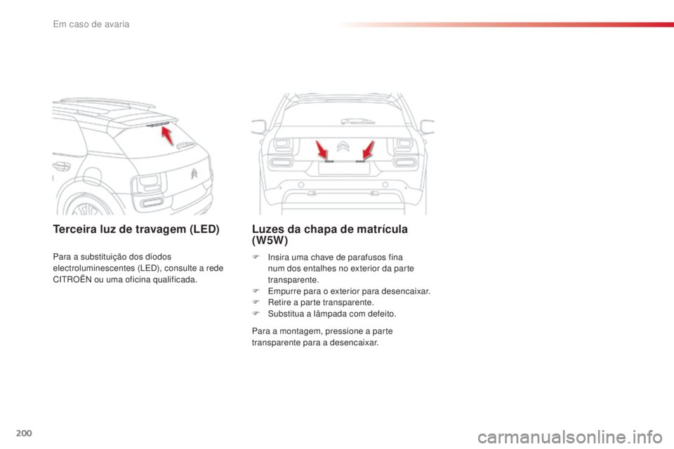 CITROEN C4 CACTUS 2016  Manual do condutor (in Portuguese) 200
C4-cactus_pt_Chap08_En-cas-de-panne_ed01-2015
Terceira luz de travagem (LED) Luzes da chapa de matrícula (W5W)
Para a montagem, pressione a parte 
transparente para a desencaixar. F 
I
 nsira uma