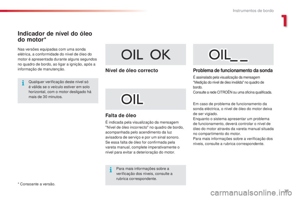 CITROEN C4 CACTUS 2016  Manual do condutor (in Portuguese) 27
C4 - cactus_ pt _Chap01_Instruments- de-bord_ed01-2015
Indicador de nível do óleo 
do motor*
Nas versões equipadas com uma sonda 
elétrica, a conformidade do nível de óleo do 
motor é aprese