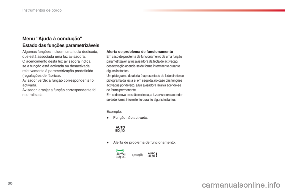 CITROEN C4 CACTUS 2016  Manual do condutor (in Portuguese) 30
C4 - cactus_ pt _Chap01_Instruments- de-bord_ed01-2015
Estado das funções parametrizáveis
Alerta de problema de funcionamentoEm caso de problema de funcionamento de uma função 
parametrizável