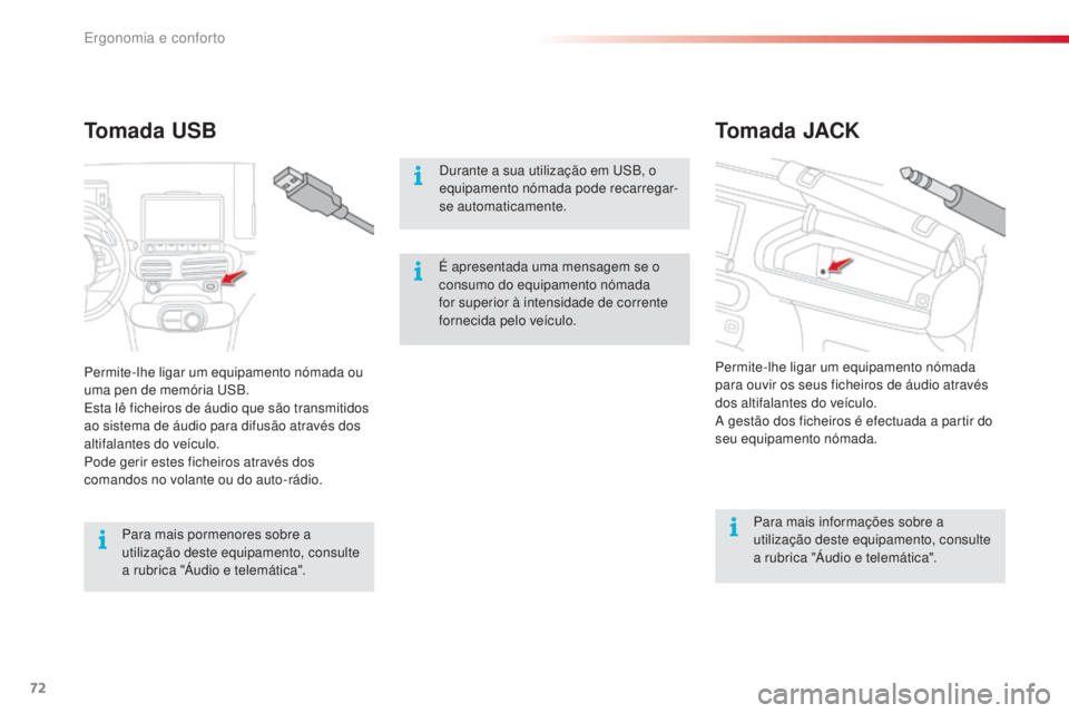CITROEN C4 CACTUS 2016  Manual do condutor (in Portuguese) 72
C4-cactus_pt_Chap03_Ergonomie-et-confort_ed01-2015
Tomada JACK
Tomada USB
Durante a sua utilização em USB, o 
equipamento nómada pode recarregar-
se automaticamente.
Para mais informações sobr