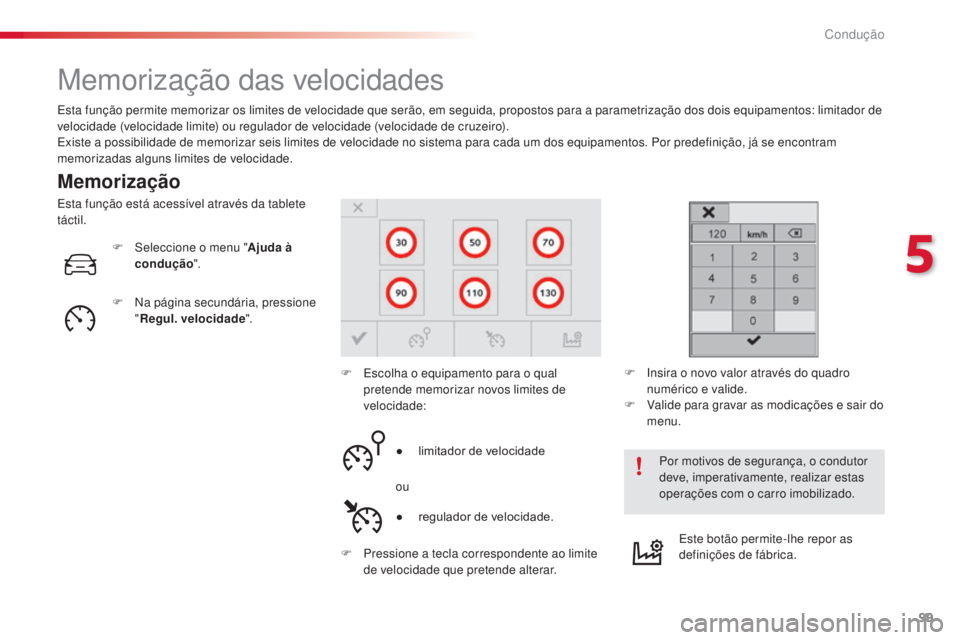 CITROEN C4 CACTUS 2015 Manual do condutor (in Portuguese) 99
C4-cactus_pt_Chap05_conduite_ed02-2014
Memorização das velocidades
Memorização
esta função permite memorizar os limites de velocidade que serão, em seguida, propostos para a parametrização CITROEN C4 CACTUS 2015 Manual do condutor (in Portuguese) 99
C4-cactus_pt_Chap05_conduite_ed02-2014
Memorização das velocidades
Memorização
esta função permite memorizar os limites de velocidade que serão, em seguida, propostos para a parametrização