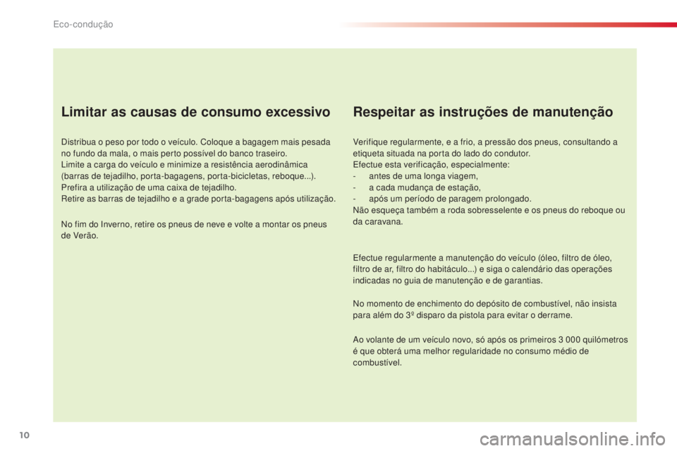 CITROEN C4 CACTUS 2015 Manual do condutor (in Portuguese) 10
C4-cactus_pt_Chap00c_eco-conduite_ed02-2014
Limitar as causas de consumo excessivo
distribua o peso por todo o veículo. Coloque a bagagem mais pesada
no fundo da mala, o mais perto possível do b CITROEN C4 CACTUS 2015 Manual do condutor (in Portuguese) 10
C4-cactus_pt_Chap00c_eco-conduite_ed02-2014
Limitar as causas de consumo excessivo
distribua o peso por todo o veículo. Coloque a bagagem mais pesada
no fundo da mala, o mais perto possível do b