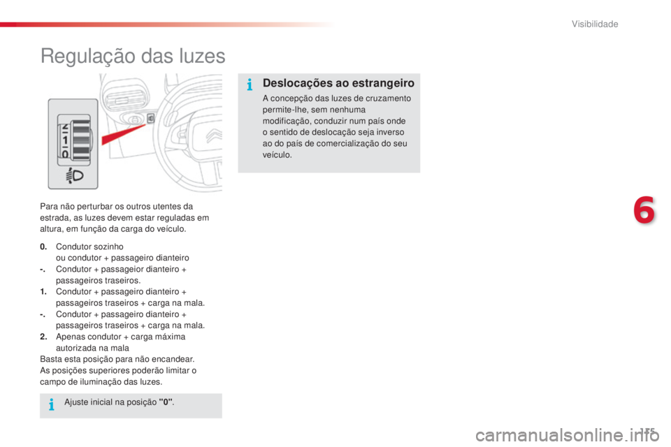 CITROEN C4 CACTUS 2015 Manual do condutor (in Portuguese) 115
C4-cactus_pt_Chap06_visibilite_ed02-2014
regulação das luzes
Para não perturbar os outros utentes da
estrada, as luzes devem estar reguladas em
altura, em função da carga do veículo.
ajus
CITROEN C4 CACTUS 2015 Manual do condutor (in Portuguese) 115
C4-cactus_pt_Chap06_visibilite_ed02-2014
regulação das luzes
Para não perturbar os outros utentes da
estrada, as luzes devem estar reguladas em
altura, em função da carga do veículo.
ajus