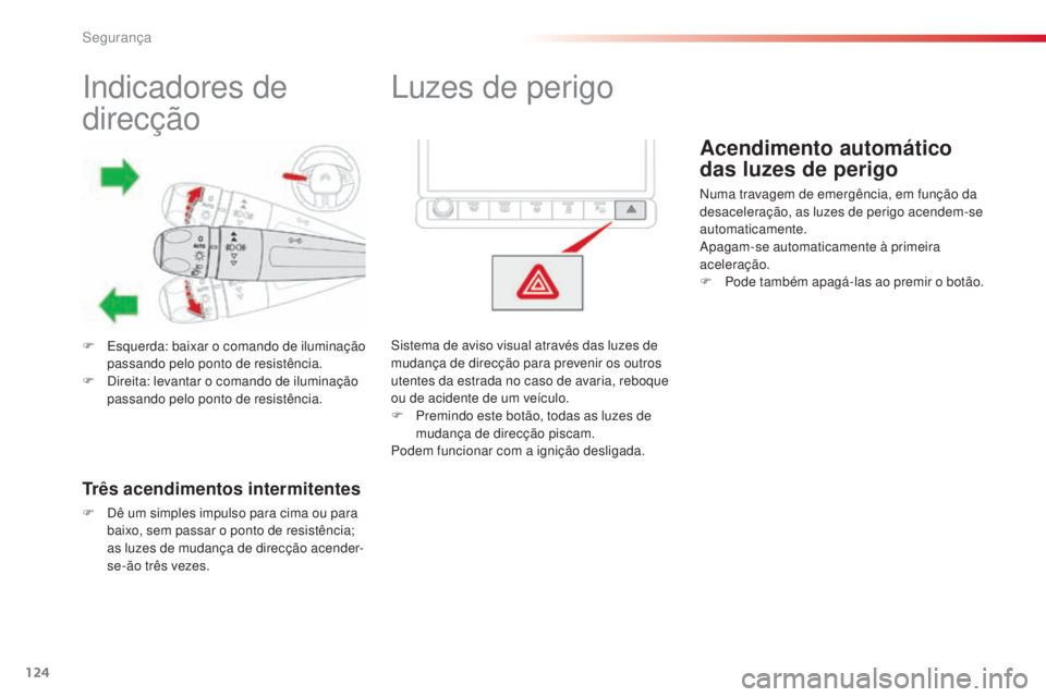 CITROEN C4 CACTUS 2015  Manual do condutor (in Portuguese) 124
C4-cactus_pt_Chap07_securite_ed02-2014
indicadores de 
direcção
F  esquerda: baixar o comando de iluminação passando pelo ponto de resistência.
F
  d
ir
 eita: levantar o comando de iluminaç