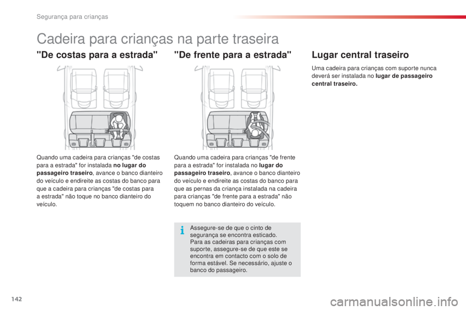 CITROEN C4 CACTUS 2015  Manual do condutor (in Portuguese) 142
C4-cactus_pt_Chap08_securite-enfants_ed02-2014
Cadeira para crianças na parte traseira
"De costas para a estrada"
Quando uma cadeira para crianças "de costas 
para a estrada" for