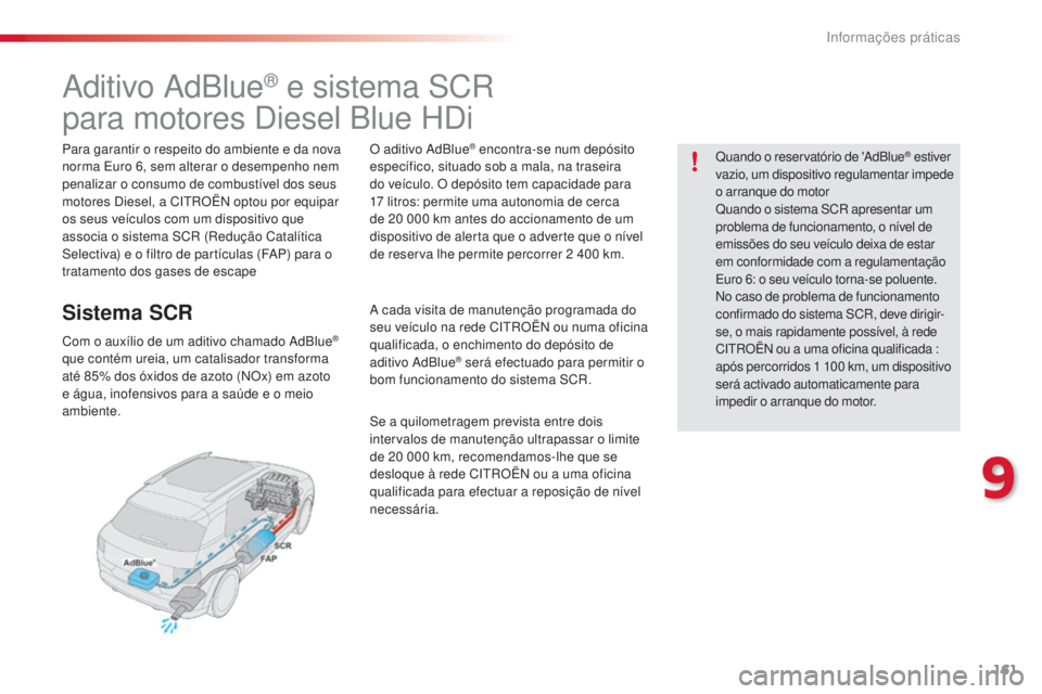 CITROEN C4 CACTUS 2015 Manual do condutor (in Portuguese) 161
C4-cactus_pt_Chap09_info-pratiques_ed02-2014
aditivo adBlue® e sistema sCr
para motores
d
i
esel Blue H
di
Para garantir o respeito do ambiente e da nova
norma
eu ro 6, sem alterar o desemp CITROEN C4 CACTUS 2015 Manual do condutor (in Portuguese) 161
C4-cactus_pt_Chap09_info-pratiques_ed02-2014
aditivo adBlue® e sistema sCr
para motores
d
i
esel Blue H
di
Para garantir o respeito do ambiente e da nova
norma
eu ro 6, sem alterar o desemp