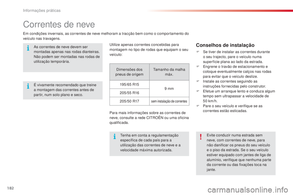 CITROEN C4 CACTUS 2015 Manual do condutor (in Portuguese) 182
C4-cactus_pt_Chap09_info-pratiques_ed02-2014
Correntes de neve
em condições invernais, as correntes de neve melhoram a tracção bem como o comportamento do
veículo nas travagens.
u
tilize ape CITROEN C4 CACTUS 2015 Manual do condutor (in Portuguese) 182
C4-cactus_pt_Chap09_info-pratiques_ed02-2014
Correntes de neve
em condições invernais, as correntes de neve melhoram a tracção bem como o comportamento do
veículo nas travagens.
u
tilize ape