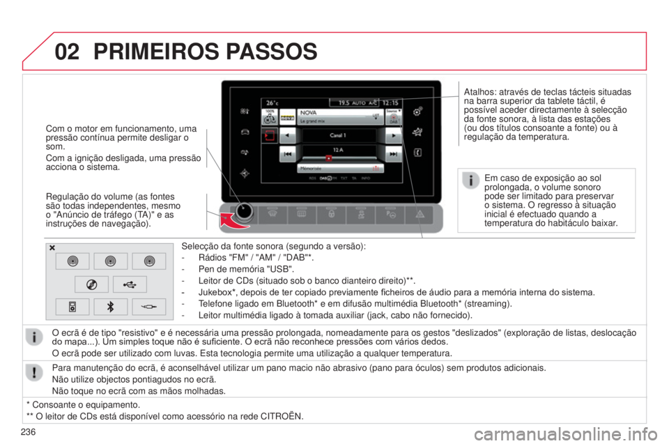 CITROEN C4 CACTUS 2015 Manual do condutor (in Portuguese) 02
236
s
elecção da fonte sonora (segundo a versão):
- r ádios "FM" / " a M" / " da B"*.
-
Pen de memória "
us B".
- l eitor de C d s (situado sob o banco d CITROEN C4 CACTUS 2015 Manual do condutor (in Portuguese) 02
236
s
elecção da fonte sonora (segundo a versão):
- r ádios "FM" / " a M" / " da B"*.
-
Pen de memória "
us B".
- l eitor de C d s (situado sob o banco d