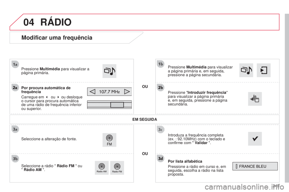 CITROEN C4 CACTUS 2015  Manual do condutor (in Portuguese) 04
245
Modificar uma frequência
Por lista alfabética
Pressione a rádio em curso e, em 
seguida, escolha a rádio na lista 
proposta. Pressione Multimédia para visualizar 
a página primária e, em