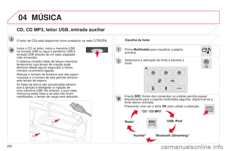 CITROEN C4 CACTUS 2015 Manual do condutor (in Portuguese) 04
250
CD, CD MP3, leitor USB, entrada auxiliar
insira o Cd no leitor, insira a memória usB
na tomada us B ou ligue o periférico us B à
tomada
us B através de um cabo adaptado
(não fornecid CITROEN C4 CACTUS 2015 Manual do condutor (in Portuguese) 04
250
CD, CD MP3, leitor USB, entrada auxiliar
insira o Cd no leitor, insira a memória usB
na tomada us B ou ligue o periférico us B à
tomada
us B através de um cabo adaptado
(não fornecid