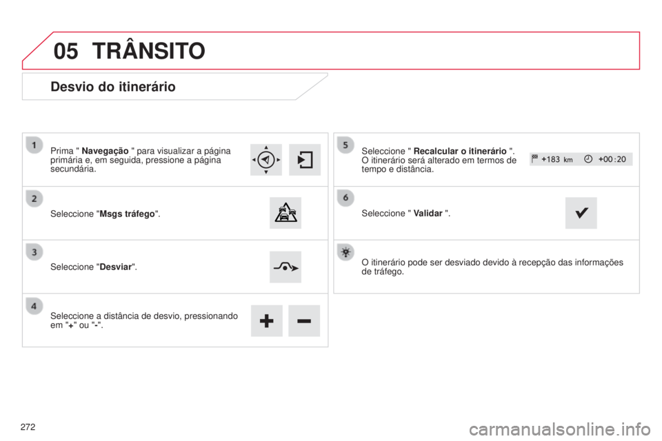 CITROEN C4 CACTUS 2015  Manual do condutor (in Portuguese) 05
Desvio do itinerário
Prima " Navegação " para visualizar a página 
primária e, em seguida, pressione a página 
secundária.
s

eleccione " Msgs tráfego".
s

eleccione " D