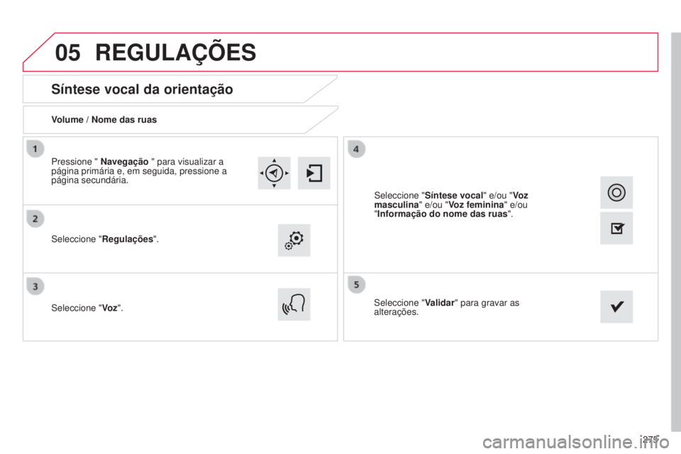 CITROEN C4 CACTUS 2015  Manual do condutor (in Portuguese) 05
275
Síntese vocal da orientação
Volume / Nome das ruas
s
eleccione " Regulações".
s

eleccione " Vo z".
s

eleccione "Validar" para gravar as  
alterações.
Pressione 