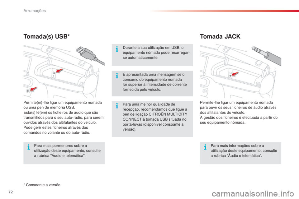 CITROEN C4 CACTUS 2015  Manual do condutor (in Portuguese) 72
C4-cactus_pt_Chap04_amenagements_ed02-2014
Tomada JACK
Tomada(s) USB*
Para uma melhor qualidade de 
recepção, recomendamos que ligue a 
pen de ligação C
i

tr
O
 Ë
n
  M
u
 lti
Ci
 t
Y 
C

O
n