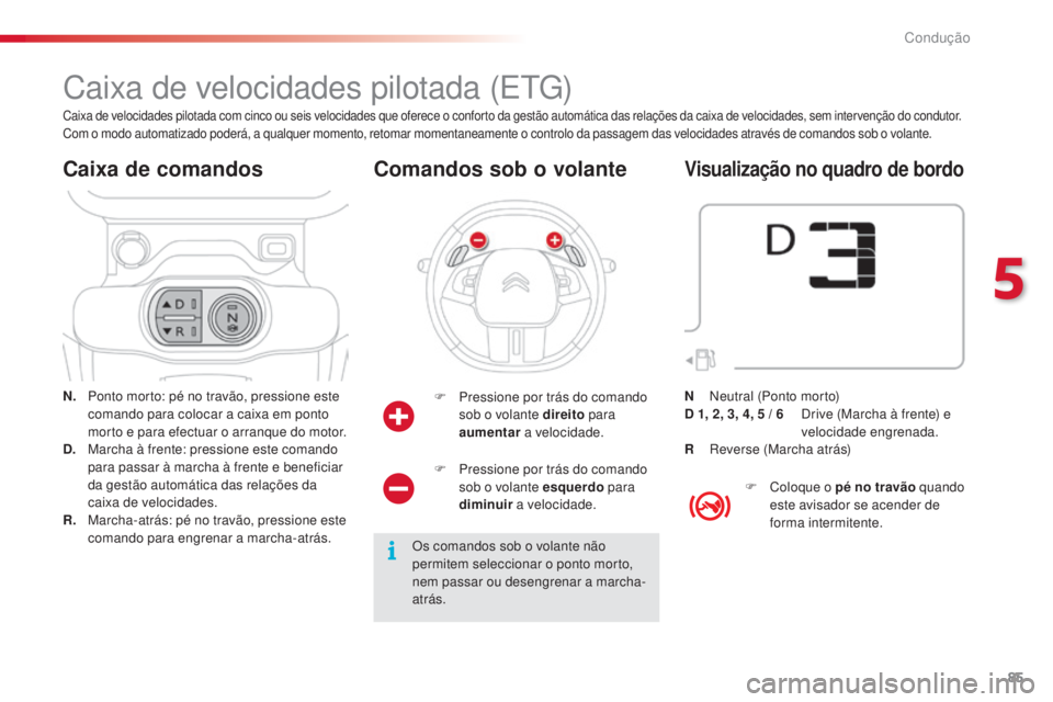 CITROEN C4 CACTUS 2015 Manual do condutor (in Portuguese) 85
C4-cactus_pt_Chap05_conduite_ed02-2014
Caixa de velocidades pilotada (etG )
N. Ponto morto: pé no travão, pressione este
comando para colocar a caixa em ponto
morto e para efectuar o arranque CITROEN C4 CACTUS 2015 Manual do condutor (in Portuguese) 85
C4-cactus_pt_Chap05_conduite_ed02-2014
Caixa de velocidades pilotada (etG )
N. Ponto morto: pé no travão, pressione este
comando para colocar a caixa em ponto
morto e para efectuar o arranque