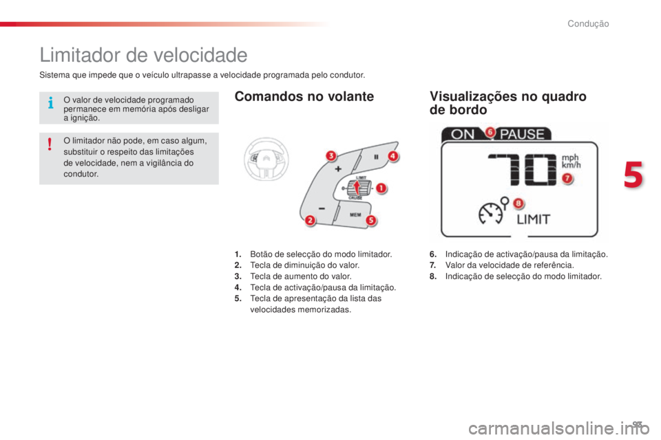 CITROEN C4 CACTUS 2015 Manual do condutor (in Portuguese) 93
C4-cactus_pt_Chap05_conduite_ed02-2014
Comandos no volante
6. indicação de activação/pausa da limitação.
7. Valor da velocidade de referência.
8.
i
n
dicação de selecção do modo limi CITROEN C4 CACTUS 2015 Manual do condutor (in Portuguese) 93
C4-cactus_pt_Chap05_conduite_ed02-2014
Comandos no volante
6. indicação de activação/pausa da limitação.
7. Valor da velocidade de referência.
8.
i
n
dicação de selecção do modo limi