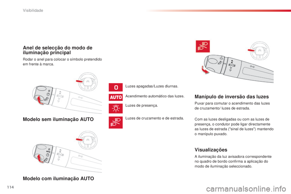 CITROEN C4 CACTUS 2014 Manual do condutor (in Portuguese) 114
E3_pt_Chap06_visibilite_ed01-2014
Modelo sem iluminação AUTO
Modelo com iluminação AUTO Anel de selecção do modo de
iluminação principal
Rodar o anel para colocar o símbolo pretendido
e CITROEN C4 CACTUS 2014 Manual do condutor (in Portuguese) 114
E3_pt_Chap06_visibilite_ed01-2014
Modelo sem iluminação AUTO
Modelo com iluminação AUTO Anel de selecção do modo de
iluminação principal
Rodar o anel para colocar o símbolo pretendido
e