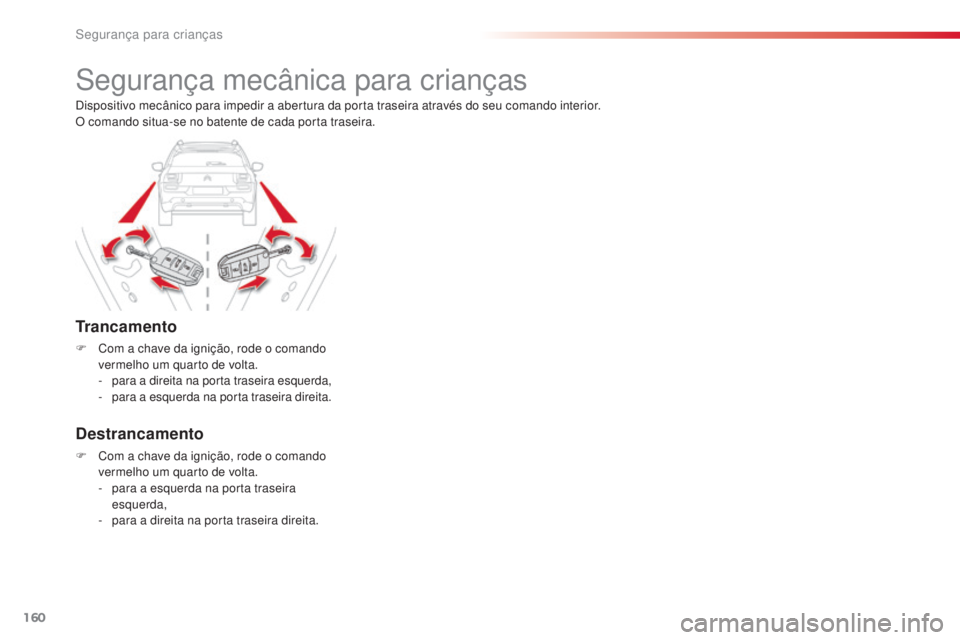CITROEN C4 CACTUS 2014 Manual do condutor (in Portuguese) 160
E3_pt_Chap08_securite_enfants_ed01-2014
Segurança mecânica para crianças
Trancamento
F Com a chave da ignição, rode o comando vermelho um quarto de volta.
-
p
ara a direita na porta traseir CITROEN C4 CACTUS 2014 Manual do condutor (in Portuguese) 160
E3_pt_Chap08_securite_enfants_ed01-2014
Segurança mecânica para crianças
Trancamento
F Com a chave da ignição, rode o comando vermelho um quarto de volta.
-
p
ara a direita na porta traseir