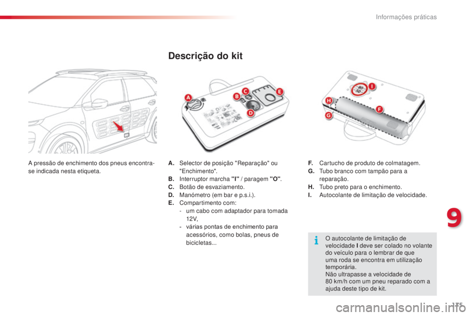 CITROEN C4 CACTUS 2014 Manual do condutor (in Portuguese) 175
E3_pt_Chap09_info_pratiques_ed01-2014
A. Selector de posição "Reparação" ou "Enchimento".
B.
I
nterruptor marcha "I" / paragem "O".
C.
B
otão de esvaziame CITROEN C4 CACTUS 2014 Manual do condutor (in Portuguese) 175
E3_pt_Chap09_info_pratiques_ed01-2014
A. Selector de posição "Reparação" ou "Enchimento".
B.
I
nterruptor marcha "I" / paragem "O".
C.
B
otão de esvaziame