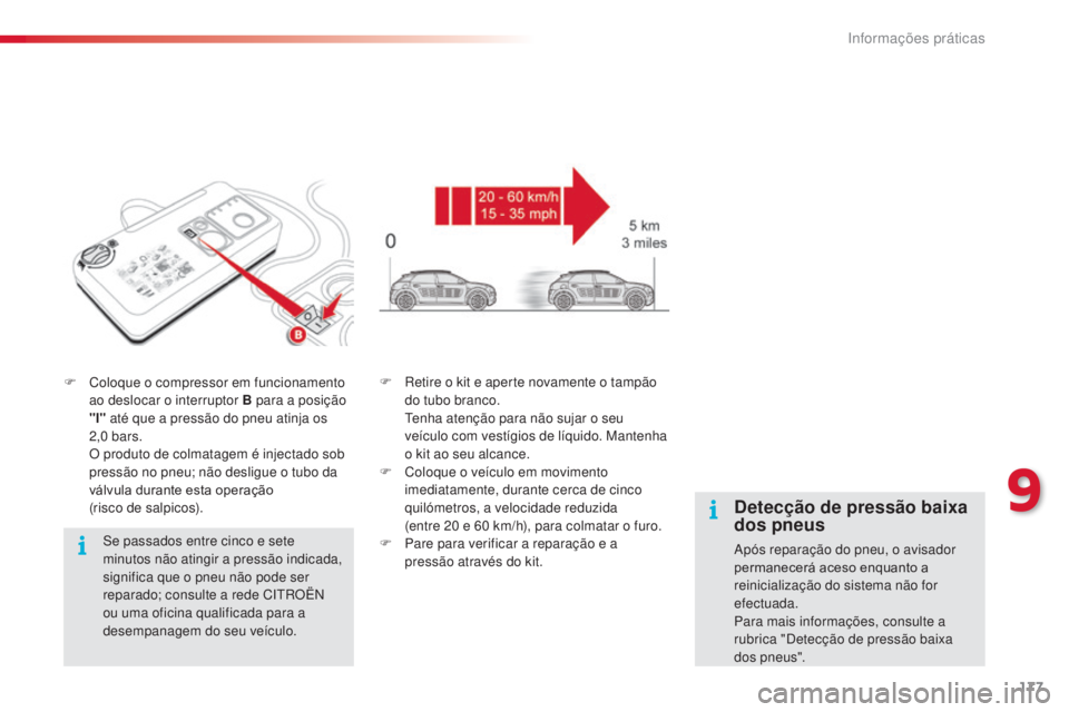 CITROEN C4 CACTUS 2014 Manual do condutor (in Portuguese) 177
E3_pt_Chap09_info_pratiques_ed01-2014
F Coloque o compressor em funcionamento ao deslocar o interruptor B para a posição
"l" até que a pressão do pneu atinja os
2,0
bars.
O p
ro CITROEN C4 CACTUS 2014 Manual do condutor (in Portuguese) 177
E3_pt_Chap09_info_pratiques_ed01-2014
F Coloque o compressor em funcionamento ao deslocar o interruptor B para a posição
"l" até que a pressão do pneu atinja os
2,0
bars.
O p
ro