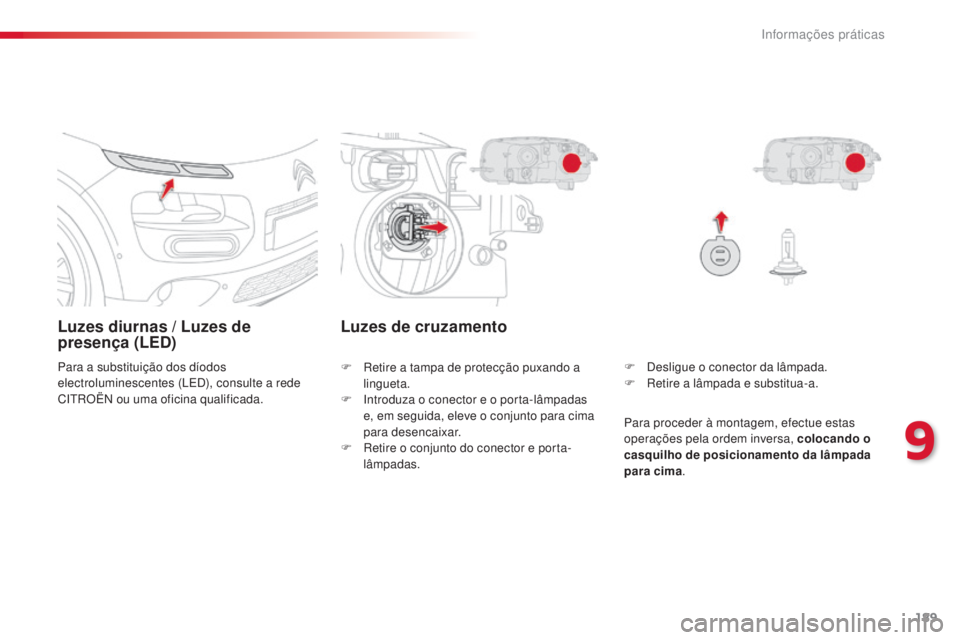 CITROEN C4 CACTUS 2014 Manual do condutor (in Portuguese) 189
E3_pt_Chap09_info_pratiques_ed01-2014
Luzes diurnas / Luzes de
presença (LED)
Para a substituição dos díodos
electroluminescentes (LED), consulte a rede
CITROËN ou uma oficina qualificada. CITROEN C4 CACTUS 2014 Manual do condutor (in Portuguese) 189
E3_pt_Chap09_info_pratiques_ed01-2014
Luzes diurnas / Luzes de
presença (LED)
Para a substituição dos díodos
electroluminescentes (LED), consulte a rede
CITROËN ou uma oficina qualificada.