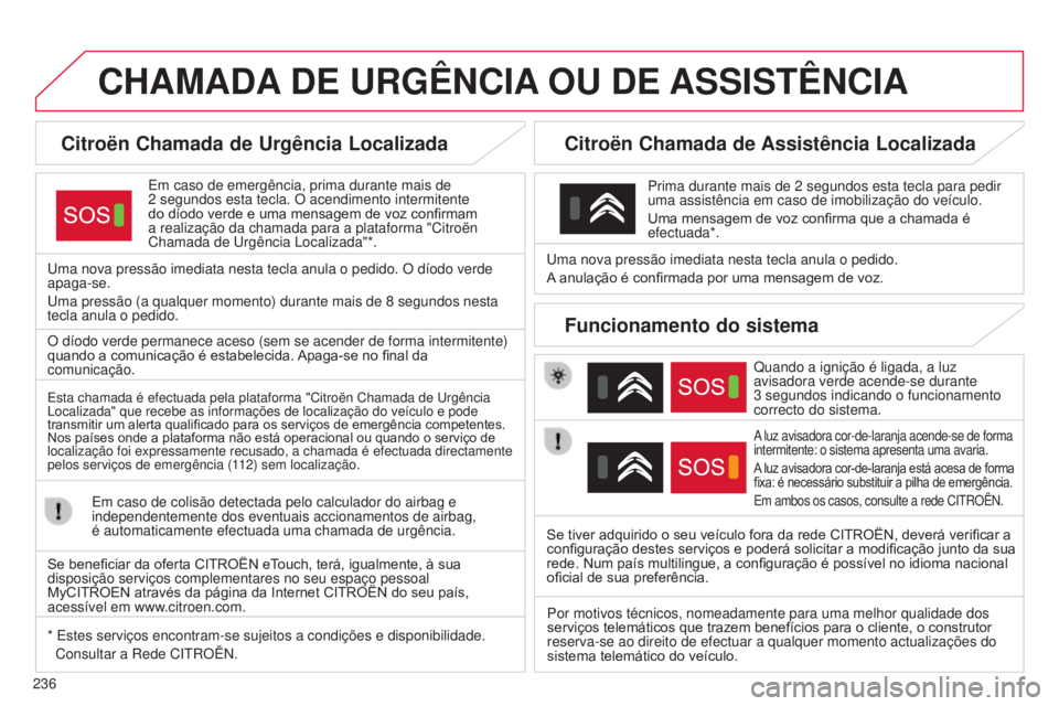 CITROEN C4 CACTUS 2014 Manual do condutor (in Portuguese) 236
E3_pt_Chap12a_BTA_ed01-2014
CHAMADA DE URG ê NCIA OU DE ASSIST ê NCIA
Citroën Chamada de Urgência Localizada
Em caso de emergência, prima durante mais de
2
segundos esta tecla. O ace CITROEN C4 CACTUS 2014 Manual do condutor (in Portuguese) 236
E3_pt_Chap12a_BTA_ed01-2014
CHAMADA DE URG ê NCIA OU DE ASSIST ê NCIA
Citroën Chamada de Urgência Localizada
Em caso de emergência, prima durante mais de
2
segundos esta tecla. O ace