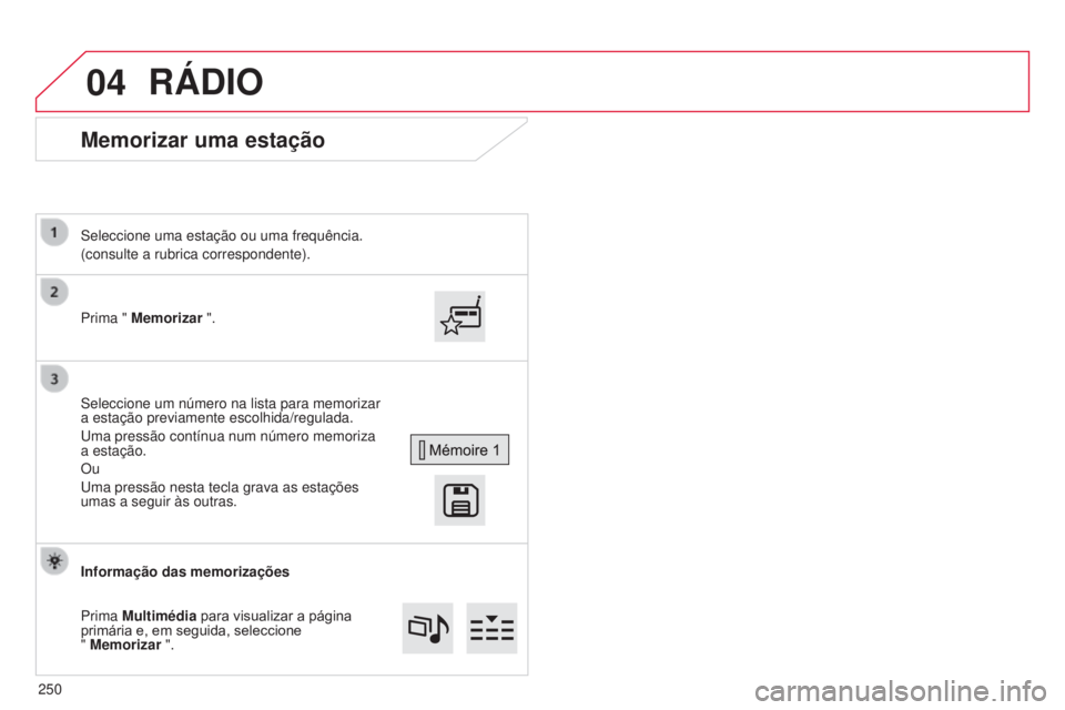 CITROEN C4 CACTUS 2014 Manual do condutor (in Portuguese) 04
E3_pt_Chap12b_SMEGplus_ed01-2014
Memorizar uma estação
Prima " Memorizar ". Seleccione uma estação ou uma frequência.
(consulte a rubrica correspondente).
Seleccione um número na list CITROEN C4 CACTUS 2014 Manual do condutor (in Portuguese) 04
E3_pt_Chap12b_SMEGplus_ed01-2014
Memorizar uma estação
Prima " Memorizar ". Seleccione uma estação ou uma frequência.
(consulte a rubrica correspondente).
Seleccione um número na list