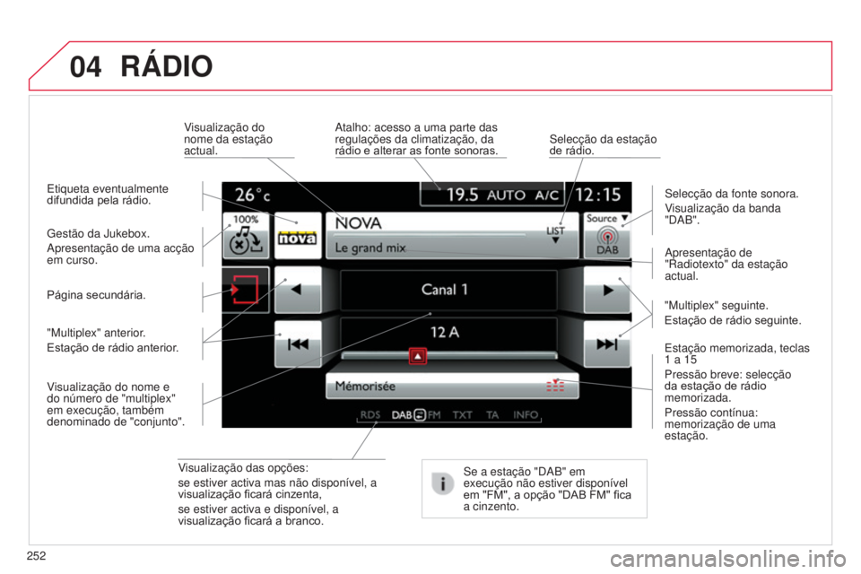 CITROEN C4 CACTUS 2014 Manual do condutor (in Portuguese) 04
252
E3_pt_Chap12b_SMEGplus_ed01-2014
RÁDIO
Visualização das opções:
se estiver activa mas não disponível, a
visualização ficará cinzenta,
se estiver activa e disponível, a
visualizaç CITROEN C4 CACTUS 2014 Manual do condutor (in Portuguese) 04
252
E3_pt_Chap12b_SMEGplus_ed01-2014
RÁDIO
Visualização das opções:
se estiver activa mas não disponível, a
visualização ficará cinzenta,
se estiver activa e disponível, a
visualizaç