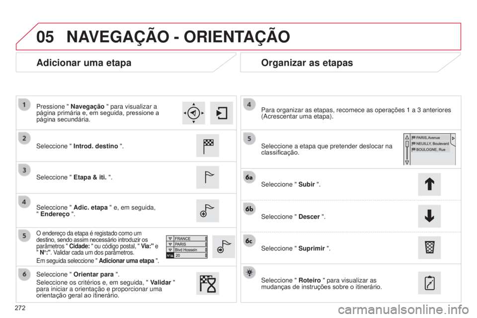 CITROEN C4 CACTUS 2014 Manual do condutor (in Portuguese) 05
272
E3_pt_Chap12b_SMEGplus_ed01-2014
Adicionar uma etapaOrganizar as etapas
Seleccione " Introd. destino ".
Seleccione " Etapa & iti. ".
Seleccione " Adic. etapa " e, em CITROEN C4 CACTUS 2014 Manual do condutor (in Portuguese) 05
272
E3_pt_Chap12b_SMEGplus_ed01-2014
Adicionar uma etapaOrganizar as etapas
Seleccione " Introd. destino ".
Seleccione " Etapa & iti. ".
Seleccione " Adic. etapa " e, em