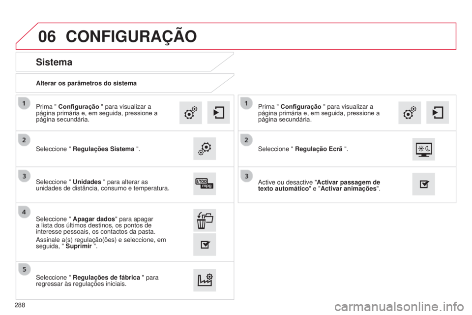 CITROEN C4 CACTUS 2014  Manual do condutor (in Portuguese) 06
E3_pt_Chap12b_SMEGplus_ed01-2014
Alterar os parâmetros do sistema
Sistema
Seleccione " Regulações Sistema  ".
Prima " Configuração " para visualizar a 
página primária e, em 