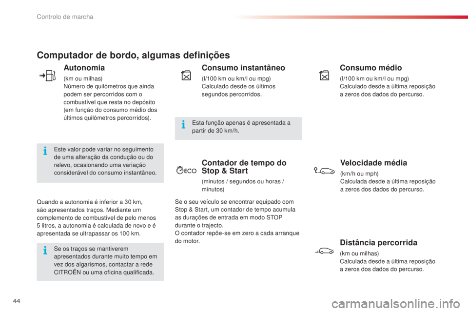 CITROEN C4 CACTUS 2014 Manual do condutor (in Portuguese) 44
Computador de bordo, algumas definições
Autonomia
(km ou milhas)
Número de quilómetros que ainda
podem ser percorridos com o
combustível que resta no depósito
(em função do consumo médi CITROEN C4 CACTUS 2014 Manual do condutor (in Portuguese) 44
Computador de bordo, algumas definições
Autonomia
(km ou milhas)
Número de quilómetros que ainda
podem ser percorridos com o
combustível que resta no depósito
(em função do consumo médi