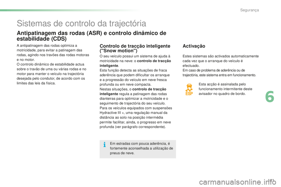 CITROEN C5 2016 Manual do condutor (in Portuguese) 151
C5_pt_Chap06_securite_ed01-2015
sistemas de controlo da trajectória
Antipatinagem das rodas (ASR) e controlo dinâmico de
estabilidade (CDS)
Activação
esta acção é assinalada pelo
funciona CITROEN C5 2016 Manual do condutor (in Portuguese) 151
C5_pt_Chap06_securite_ed01-2015
sistemas de controlo da trajectória
Antipatinagem das rodas (ASR) e controlo dinâmico de
estabilidade (CDS)
Activação
esta acção é assinalada pelo
funciona