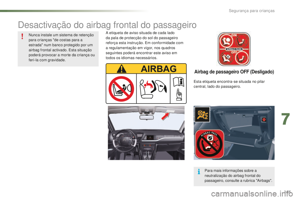 CITROEN C5 2016 Manual do condutor (in Portuguese) 165
C5_pt_Chap07_securite-enfant_ed01-2015
Airbag de passageiro OFF (Desligado)
a etiqueta de aviso situada de cada lado
d a pala de protecção do sol do passageiro
reforça esta instrução.
e
m CITROEN C5 2016 Manual do condutor (in Portuguese) 165
C5_pt_Chap07_securite-enfant_ed01-2015
Airbag de passageiro OFF (Desligado)
a etiqueta de aviso situada de cada lado
d a pala de protecção do sol do passageiro
reforça esta instrução.
e
m