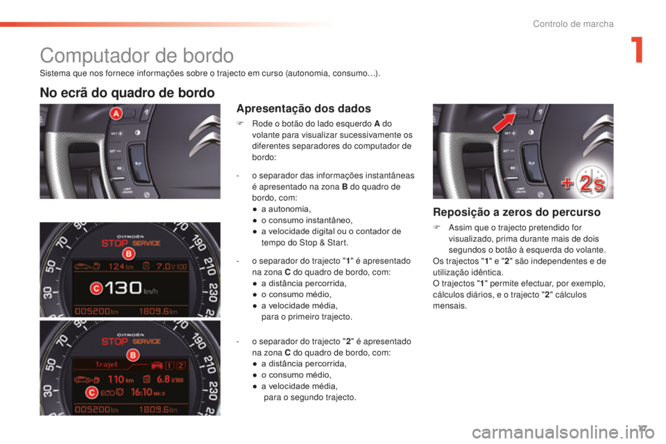 CITROEN C5 2016 Manual do condutor (in Portuguese) 17
C5_pt_Chap01_controle-de-marche_ed01-2015
sistema que nos fornece informações sobre o trajecto em curso (autonomia, consumo…).
No ecrã do quadro de bordo
Apresentação dos dados
F rode o bot CITROEN C5 2016 Manual do condutor (in Portuguese) 17
C5_pt_Chap01_controle-de-marche_ed01-2015
sistema que nos fornece informações sobre o trajecto em curso (autonomia, consumo…).
No ecrã do quadro de bordo
Apresentação dos dados
F rode o bot