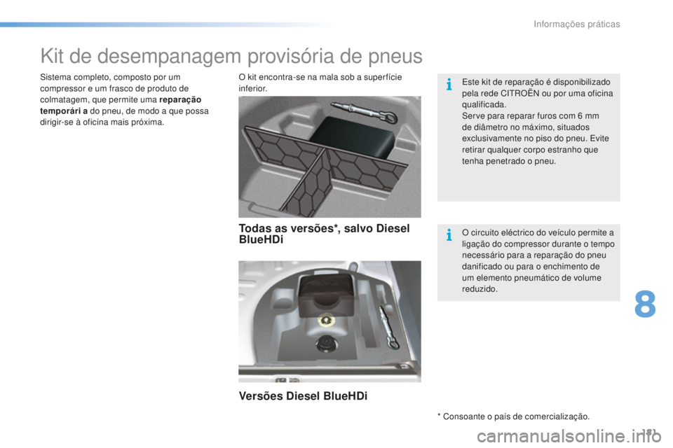 CITROEN C5 2016  Manual do condutor (in Portuguese) 181
C5_pt_Chap08_information_ed01-2015
Kit de desempanagem provisória de pneus
O kit encontra-se na mala sob a super fície 
inferior.si
stema completo, composto por um 
compressor e um frasco de pro