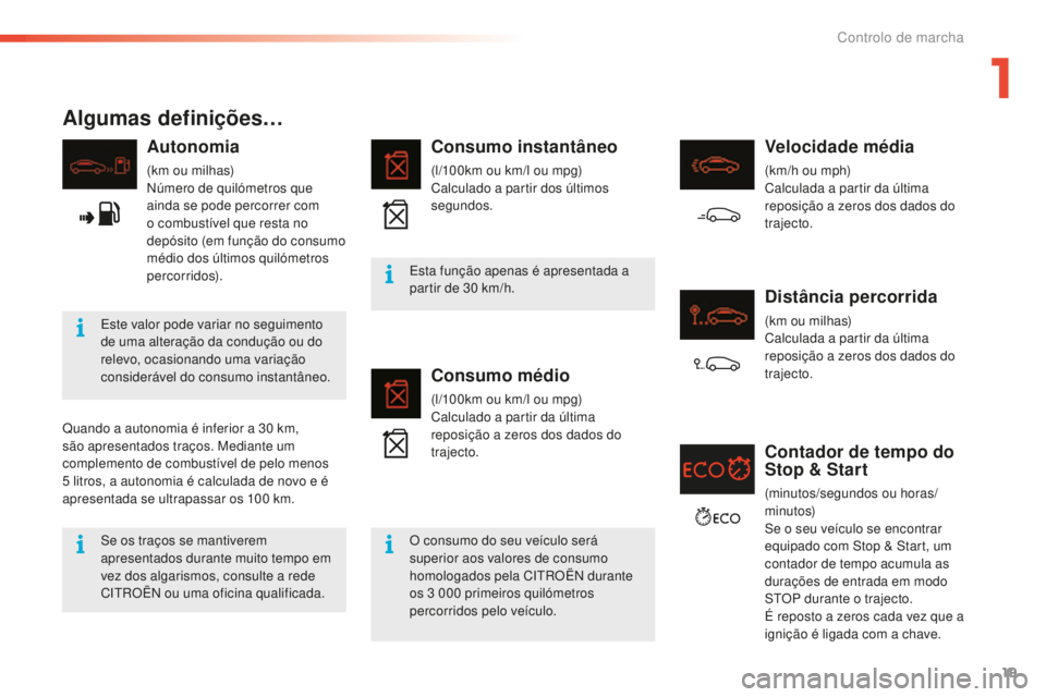 CITROEN C5 2016 Manual do condutor (in Portuguese) 19
C5_pt_Chap01_controle-de-marche_ed01-2015
Algumas definições…
Autonomia
(km ou milhas)número de quilómetros que
ainda se pode percorrer com
o combustÃvel que resta no
depósito (em funçà CITROEN C5 2016 Manual do condutor (in Portuguese) 19
C5_pt_Chap01_controle-de-marche_ed01-2015
Algumas definições…
Autonomia
(km ou milhas)número de quilómetros que
ainda se pode percorrer com
o combustÃvel que resta no
depósito (em funçÃ