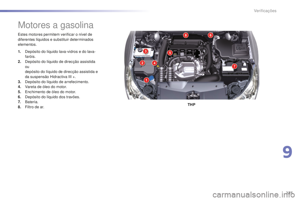 CITROEN C5 2016  Manual do condutor (in Portuguese) 225
C5_pt_Chap09_verification_ed01-2015
estes motores permitem verificar o nível de 
diferentes líquidos e substituir determinados 
elementos.THP
Motores a gasolina
1. depósito do líquido lava-vid