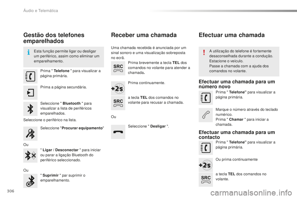 CITROEN C5 2016 Manual do condutor (in Portuguese) 306
C5_pt_Chap11b_sMeGplus_ed01-2015
Gestão dos telefones
emparelhados
esta função permite ligar ou desligar
um periférico, assim como eliminar um
emparelhamento.a utilização do telefone é f CITROEN C5 2016 Manual do condutor (in Portuguese) 306
C5_pt_Chap11b_sMeGplus_ed01-2015
Gestão dos telefones
emparelhados
esta função permite ligar ou desligar
um periférico, assim como eliminar um
emparelhamento.a utilização do telefone é f