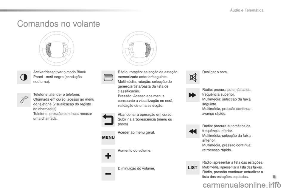CITROEN C5 2016 Manual do condutor (in Portuguese) 317
C5_pt_Chap11c_rd45_ed01-2015
Comandos no volante
activar/desactivar o modo Black
Panel - ecrã negro (condução
no c tur na).
tel
efone: atender o telefone.
Chamada em curso: acesso ao menu
do CITROEN C5 2016 Manual do condutor (in Portuguese) 317
C5_pt_Chap11c_rd45_ed01-2015
Comandos no volante
activar/desactivar o modo Black
Panel - ecrã negro (condução
no c tur na).
tel
efone: atender o telefone.
Chamada em curso: acesso ao menu
do