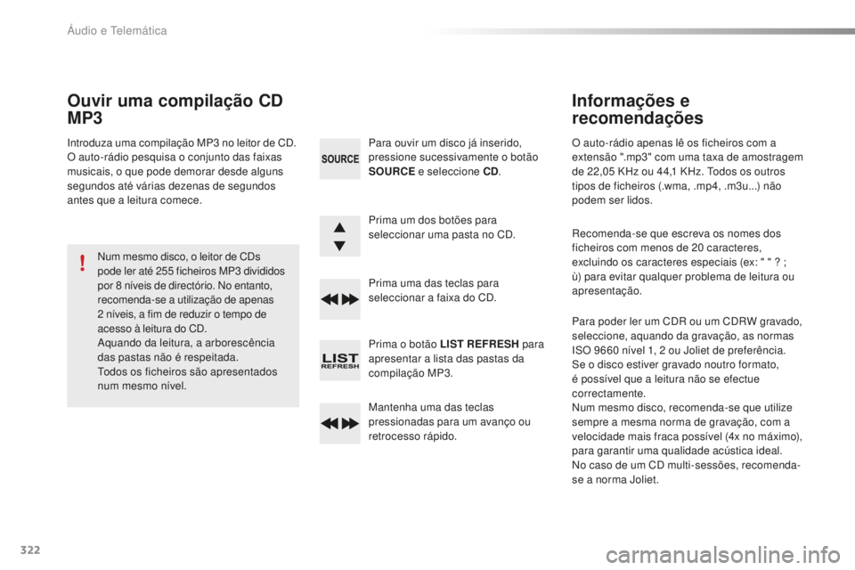 CITROEN C5 2016 Manual do condutor (in Portuguese) 322
C5_pt_Chap11c_rd45_ed01-2015
O auto-rádio apenas lê os ficheiros com a
extensão ".mp3" com uma taxa de amostragem
de 22,05 KHz ou 44,1 KHz. t
o
dos os outros
tipos de ficheiros CITROEN C5 2016 Manual do condutor (in Portuguese) 322
C5_pt_Chap11c_rd45_ed01-2015
O auto-rádio apenas lê os ficheiros com a
extensão ".mp3" com uma taxa de amostragem
de 22,05 KHz ou 44,1 KHz. t
o
dos os outros
tipos de ficheiros