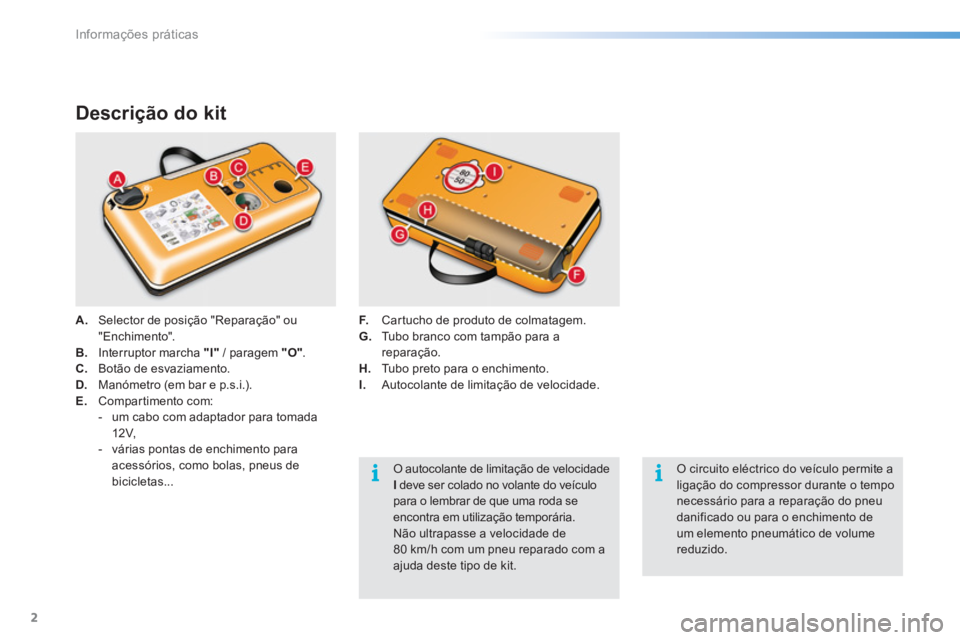 CITROEN C5 2016  Manual do condutor (in Portuguese) Informações práticas
2
   
Descrição do kit 
 
 
 
A. 
  Selector de posição "Reparação" ou 
"Enchimento". 
   
B. 
  Interruptor marcha  "I" 
 / paragem  "O" 
. 
   
C. 
  Botão de esvaziam