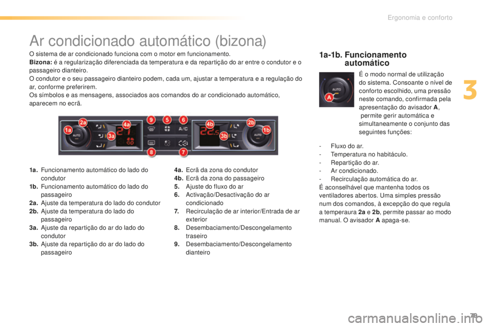 CITROEN C5 2016 Manual do condutor (in Portuguese) 79
C5_pt_Chap03_ergo-et-confort_ed01-2015
ar condicionado automático (bizona)
O sistema de ar condicionado funciona com o motor em funcionamento.
Bizona: é a regularização diferenciada da temperat CITROEN C5 2016 Manual do condutor (in Portuguese) 79
C5_pt_Chap03_ergo-et-confort_ed01-2015
ar condicionado automático (bizona)
O sistema de ar condicionado funciona com o motor em funcionamento.
Bizona: é a regularização diferenciada da temperat