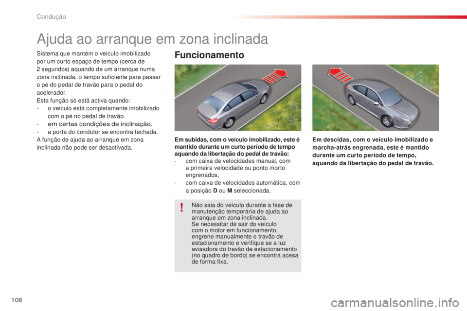 CITROEN C5 2015 Manual do condutor (in Portuguese) 108
C5_pt_Chap04_conduite_ed01-2014
ajuda ao arranque em zona inclinada
sistema que mantém o veículo imobilizado
por um curto espaço de tempo (cerca de
2 segundos) aquando de um arranque numa
z CITROEN C5 2015 Manual do condutor (in Portuguese) 108
C5_pt_Chap04_conduite_ed01-2014
ajuda ao arranque em zona inclinada
sistema que mantém o veículo imobilizado
por um curto espaço de tempo (cerca de
2 segundos) aquando de um arranque numa
z