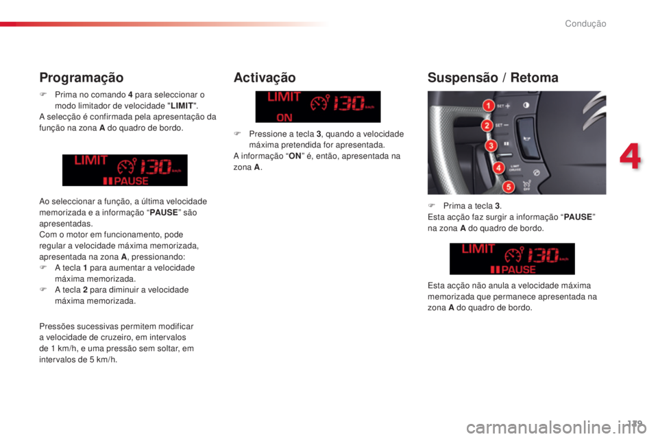 CITROEN C5 2015 Manual do condutor (in Portuguese) 4
129
Condução
C5_pt_Chap04_conduite_ed01-2014
F Prima no comando 4
para seleccionar o
modo limitador de velocidade " LIMIT".
a
selecção é confirmada pela apresentação da
função CITROEN C5 2015 Manual do condutor (in Portuguese) 4
129
Condução
C5_pt_Chap04_conduite_ed01-2014
F Prima no comando 4
para seleccionar o
modo limitador de velocidade " LIMIT".
a
selecção é confirmada pela apresentação da
função