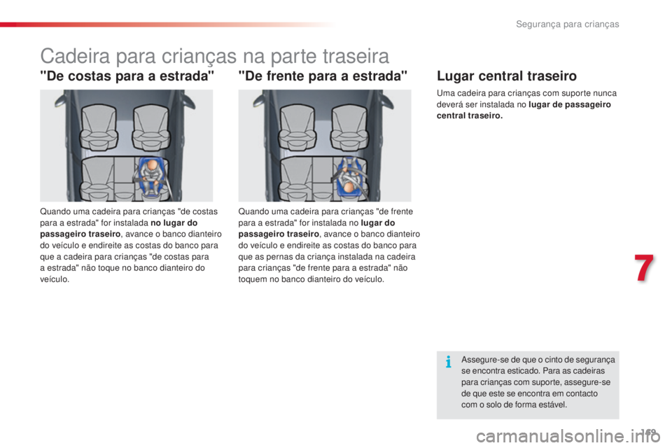 CITROEN C5 2015  Manual do condutor (in Portuguese) 7
segurança para crianças169
C5_pt_Chap07_securite-enfant_ed01-2014
Cadeira para crianças na parte traseira
"De costas para a estrada"
Quando uma cadeira para crianças "de costas 
para