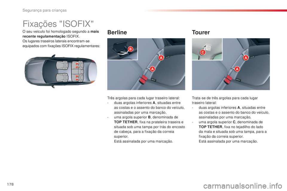 CITROEN C5 2015  Manual do condutor (in Portuguese) segurança para crianças
178
C5_pt_Chap07_securite-enfant_ed01-2014
Fixações "isO FiX "
O seu veículo foi homologado segundo a mais 
recente regulamentação  
isO F iX .
Os lugares trasei