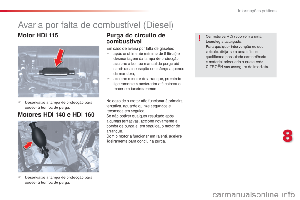 CITROEN C5 2015 Manual do condutor (in Portuguese) 8
informações práticas187
C5_pt_Chap08_information_ed01-2014
avaria por falta de combustível (di esel)
F desencaixe a tampa de protecção para
aceder à bomba de purga.
F
d
e
sencaixe a tamp CITROEN C5 2015 Manual do condutor (in Portuguese) 8
informações práticas187
C5_pt_Chap08_information_ed01-2014
avaria por falta de combustível (di esel)
F desencaixe a tampa de protecção para
aceder à bomba de purga.
F
d
e
sencaixe a tamp