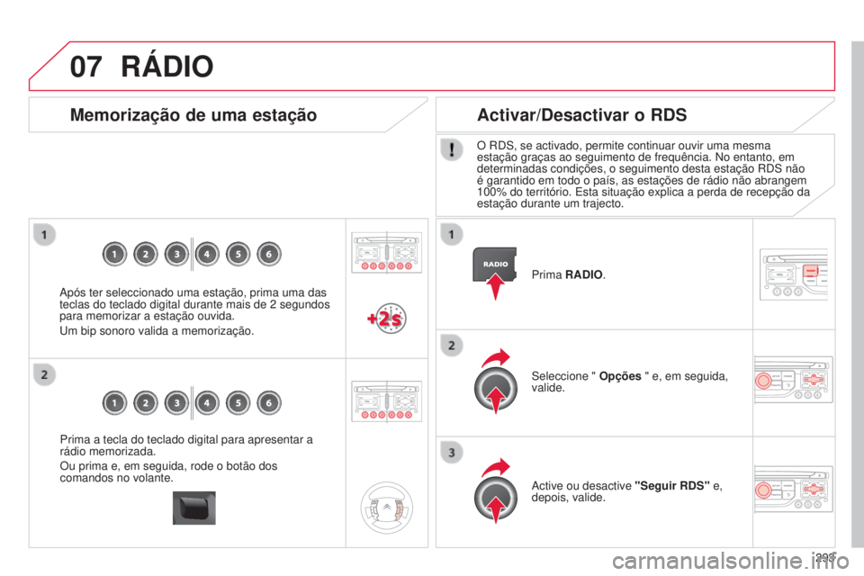 CITROEN C5 2015 Manual do condutor (in Portuguese) 07
293
C5_pt_Chap11b_rt6-2-8_ed01-2014
Prima a tecla do teclado digital para apresentar a
rádio memorizada.
Ou prima e, em seguida, rode o botão dos
comandos no volante.
Memorização de uma esta CITROEN C5 2015 Manual do condutor (in Portuguese) 07
293
C5_pt_Chap11b_rt6-2-8_ed01-2014
Prima a tecla do teclado digital para apresentar a
rádio memorizada.
Ou prima e, em seguida, rode o botão dos
comandos no volante.
Memorização de uma esta
