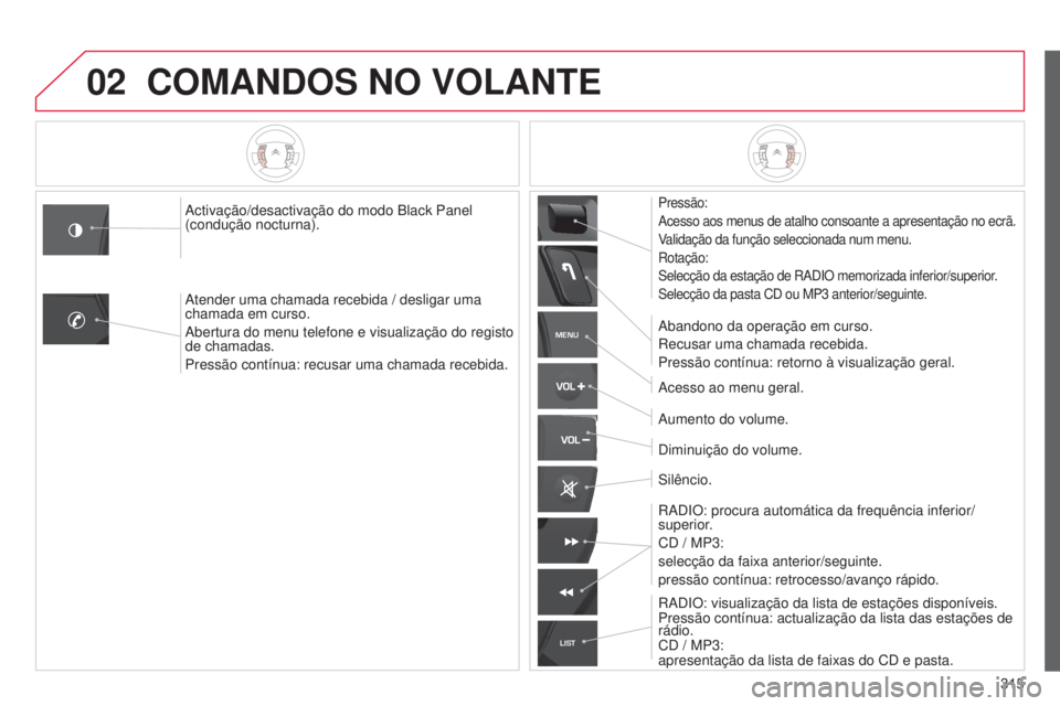CITROEN C5 2015  Manual do condutor (in Portuguese) 02
MENU
LIST
315
C5_pt_Chap11c_rd45_ed01_2014
COMANDOS NO VOLANTE
Pressão:
a
cesso aos menus de atalho consoante a apresentação no ecrã.
Validação da função seleccionada num menu.
r

otação: