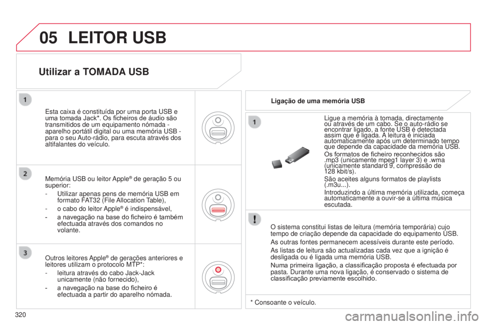 CITROEN C5 2015  Manual do condutor (in Portuguese) 05
320
C5_pt_Chap11c_rd45_ed01_2014
LEITOR USB
O sistema constitui listas de leitura (memória temporária) cujo \
tempo de criação depende da capacidade do equipamento us B.
a

s outras fontes per